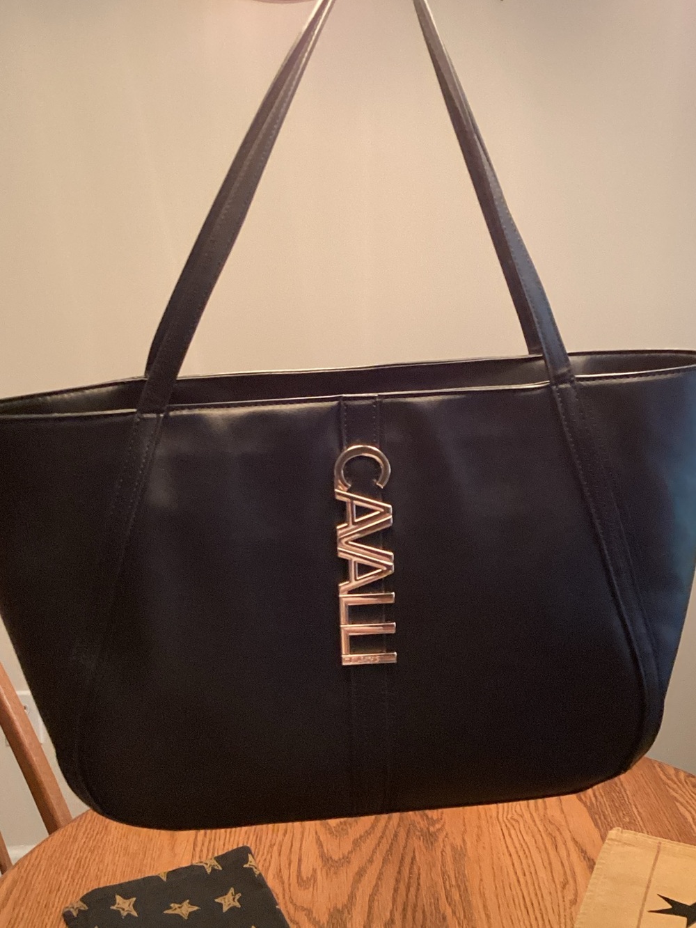 Cavalli Class Black Leather Tote with Gold Logo Charm
